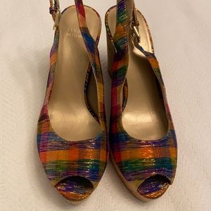 Stuart Weizmann cork wedge shoes in metallic rainbow